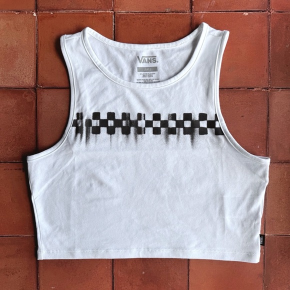 Sz L Vans Checkerboard Fitted Crop Tank Top In Black / White Cotton Jersey NWOT - Picture 1 of 4